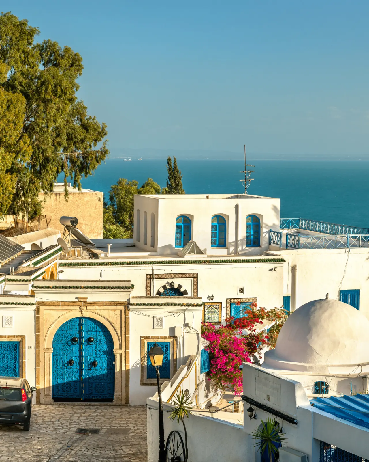 Sidi Bou Said overlooking the turquoise bay of Tunis